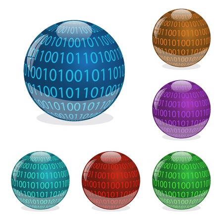 Image of various colorful orbs with binary digits isolated on a white background.のイラスト素材