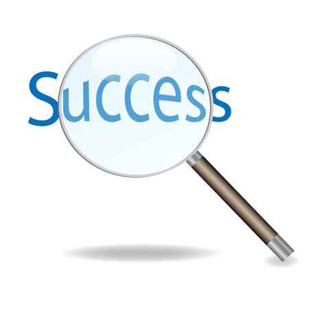Image of a magnifying glass isolated on a white background focusing on the word Success.のイラスト素材