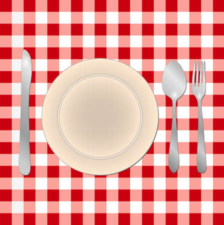 Image of a meal table setting on a red checkered background のイラスト素材