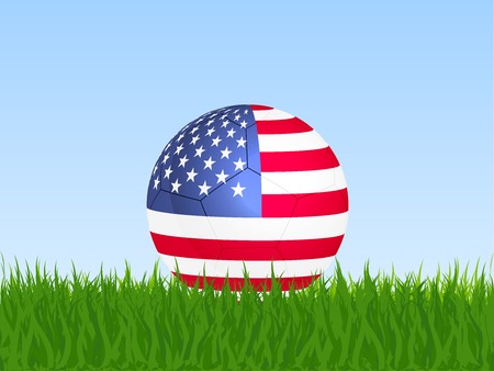 Illustration of a USA soccer ball on grass with a blue sky background.のイラスト素材