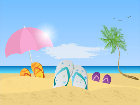 Illustration of a colorful beach scene with umbrella, sandals, palm trees, sand and ocean.のイラスト素材