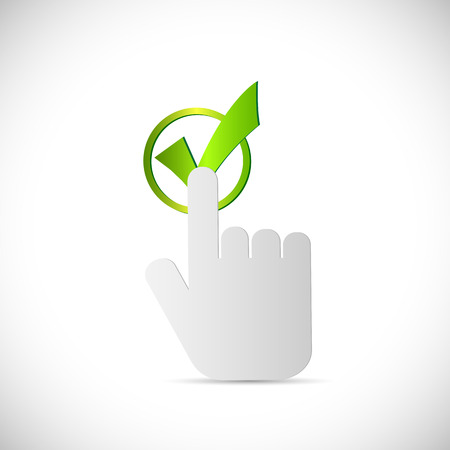 Abstract illustration of a finger pointing to a green check mark isolated on a white .のイラスト素材
