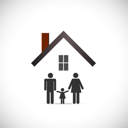 Concept image of a family under an abstract house design isolated on a white background.のイラスト素材