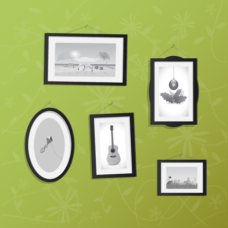 Illustration of hanging frames with pictures on a colorful background.のイラスト素材