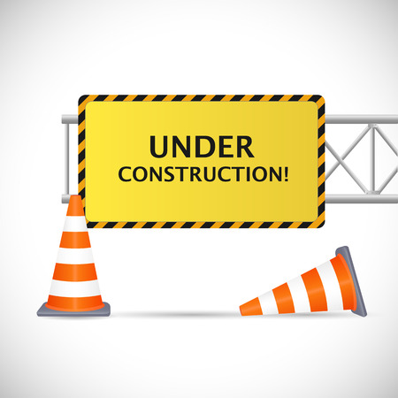 Illustration of an Under Construction sign with safety cones isolated on a white background.のイラスト素材