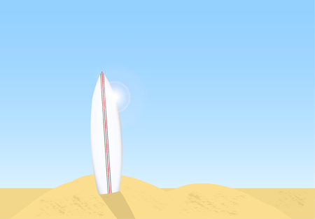 Illustration of a surfboard with sand and a sky background.のイラスト素材