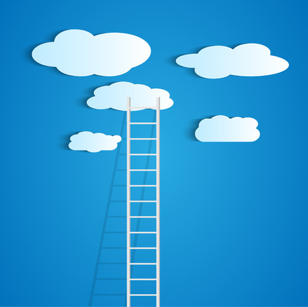 Illustration of a ladder reaching up to the clouds against a colorful blue background.のイラスト素材