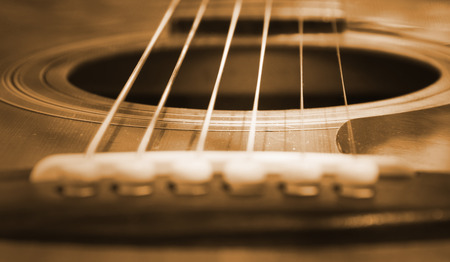 Closeup view of an acoustic guitar.