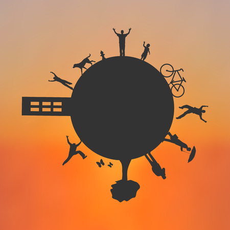 Eco friendly planet on a colorful sunset backgroundのイラスト素材