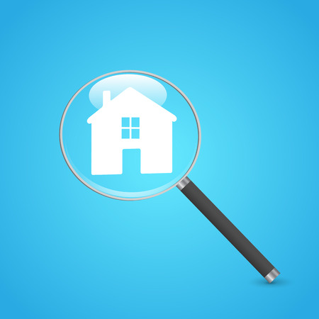 Illustration of a magnifying glass and house icon on a colorful blue background.のイラスト素材
