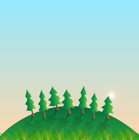 Illustration of a hill with grass, trees, sun and blue sky.のイラスト素材