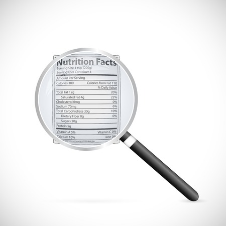 Illustration of a magnifying glass focusing on a nutritional label.のイラスト素材