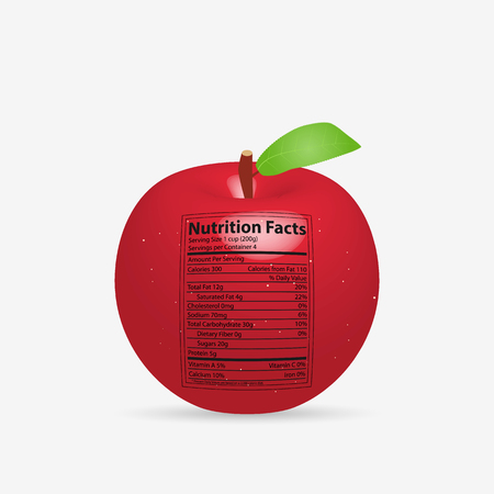 Illustration of an apple with nutritional information label isolated on a white background.のイラスト素材