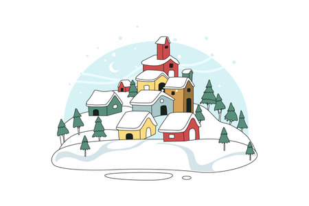 Snowy Village - flat illustrationのイラスト素材