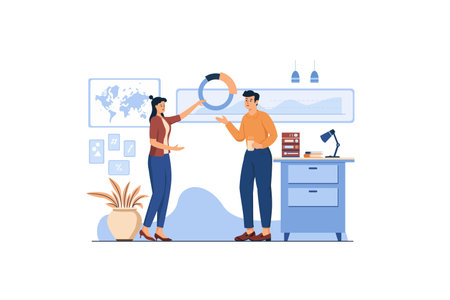 business, people and research concept - vector flat illustration of two young men and women workingのイラスト素材