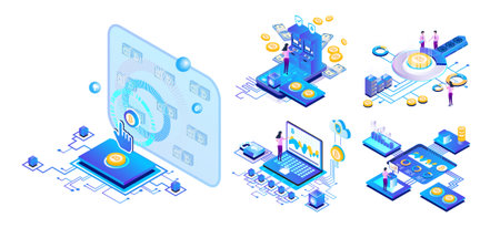 Isometric Bitcoin: Bitcoin Mining, Cloud Mining, Cryptocurrency Investment, Bitcoin Mining Flat Vectorのイラスト素材