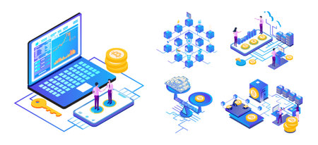 Isometric Bitcoin, Bitcoin Analysis, Bitcoin Exchange Rate, Mining, Transactions Cryptocurrency, Blockchain Cryptocurrency Flat Vectorのイラスト素材