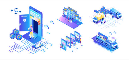 Isometric Shop: Buyers Choosing and Buying Clothes in Shop, Delivery Services, Logistic Service, Free Shippingのイラスト素材