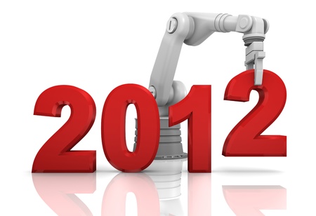 Industrial robotic arm building 2012 year isolated on white background