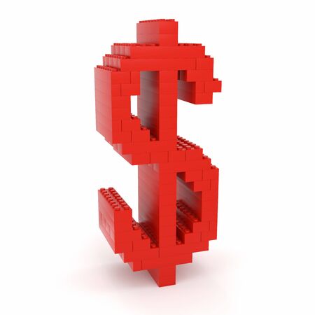 Toy bricks red dollar sign over a white background. Part of a series.の写真素材