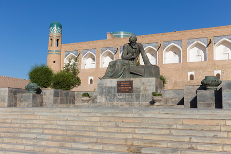 Statue of the great mathematician, astronomer and geographer Muhammad ibn Muso al-Khorazmiy, in Khiva, Uzbekistanの写真素材