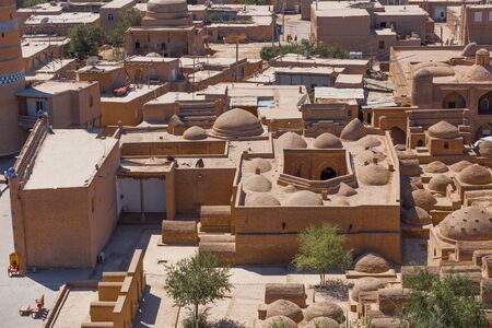 View of Ichon-Qala, the old town of Khiva from the watchtower of the Khuna Ark, in Uzbekistan.の写真素材