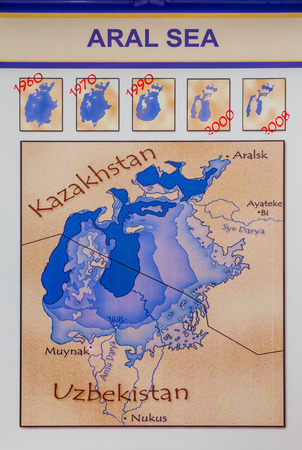 BUKHARA, UZBEKISTAN - AUGUST 26, 2016: historical map of the Aral Sea, from 1960 to today, in...
