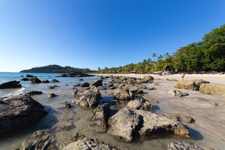 NGAPALI, MYANMAR - DECEMBER 03, 2014: Ngapali beach with white sand, blue sky and palm trees, in Myanmarのeditorial素材