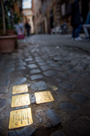 Rome, Italy - april 23, 2016: Stolpersteine in Jewish ghetto, in Rome, Italyのeditorial素材