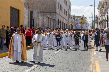 Arequipa, Peru - september 24, 2018: religious procession near the main square Plaza de Armas in...