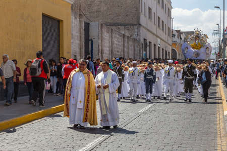 Arequipa, Peru - september 24, 2018: religious procession near the main square Plaza de Armas in...