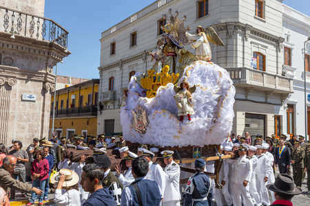 Arequipa, Peru - september 24, 2018: religious procession near the main square Plaza de Armas in...
