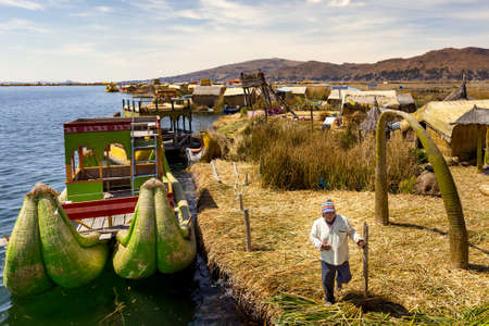 Puno, Peru - september 27, 2018: Uros Floating islands in Titikaka lake at the Border between Peru...