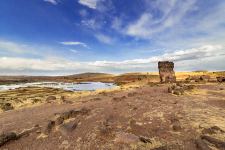 Burial Towers (Chullpas) at the archaelogical Site of Sillustani on the shores of Lake Umayo near Puno, in Peruの写真素材