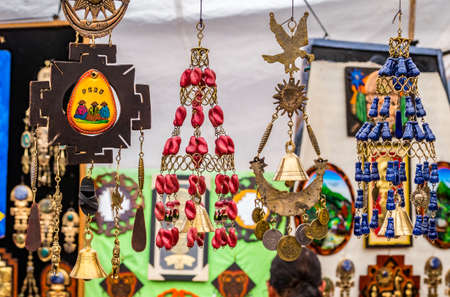 Beautiful traditional peruvian ornamentation of the ancient Incas. It is made by modern artists. In the craft market of Pisac, near Cusco, Peruの写真素材