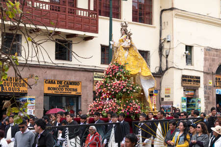 Cusco, Peru - october 08, 2018: People take part in the religious parade of the Virgin of the Rosary...