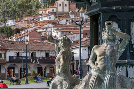 Cusco, Peru - october 08, 2018: detail of the fountain in the historical central square of Cusco, Peruのeditorial素材