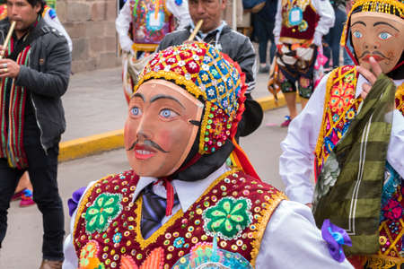 Cusco, Peru - october 08, 2018: People take part in the religious parade of the Virgin of the Rosary...