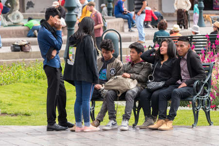 Cusco, Peru - october 08, 2018: View of people who relax in the historical central square of Cusco, Peruのeditorial素材