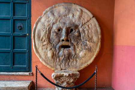 Rome, Italy - december 19, 2020: Detail of Mouth of Truth, a worldwide famous enormous marble mask said to bite the hand of those who lied, in Rome, Italyのeditorial素材