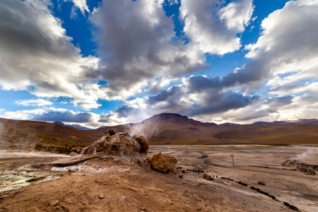 View of El Tatio geysers at sunrise, near San Pedro de Atacama, Chile.の写真素材