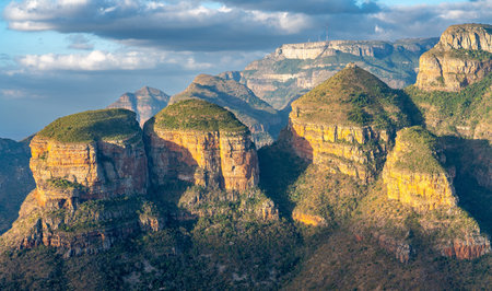 Three Rondavels, three round mountain tops with slightly pointed tops, very similar to the traditional round or oval African homesteads called rondavels, in Mpumalanga, South Africaの写真素材