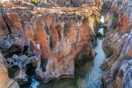 Bourke's Luck Potholes, popular geological attraction formed by water erosion, with walkways & bridges for visitors, in South Africaの写真素材
