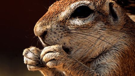 Close up of cape ground squirrel or South African ground squirrel, or Geosciurus inauris, searching for food in Kgalagadi Transfrontier Park, South Africaの写真素材