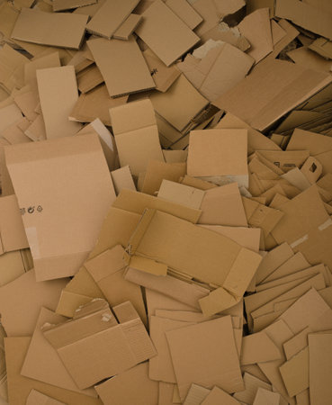 A lot of cut cardboard lying in a large pile. Photo shows the amount of the waste generated by the cardboard packaging.の写真素材