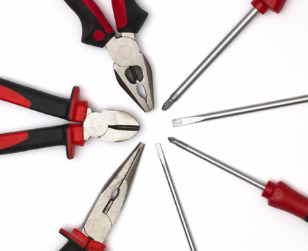 A versatile set of tools (top-down view): screwdrivers for screw manipulation and pliers,...