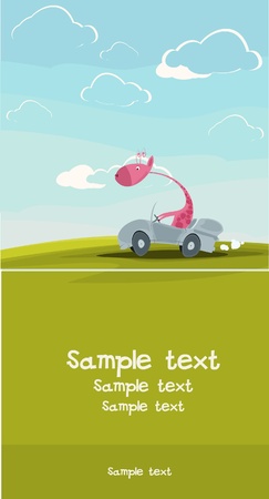 giraffe goes on a machine in the field.Available space for yourのイラスト素材