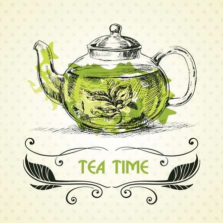 Kettle green tea  Hand drawn sketch illustration  のイラスト素材
