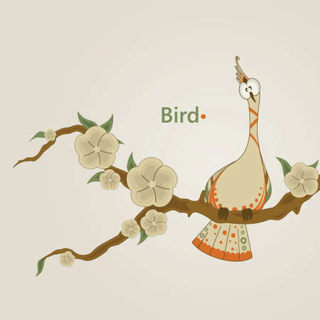 Funny bird sitting on a branch of sakuraのイラスト素材