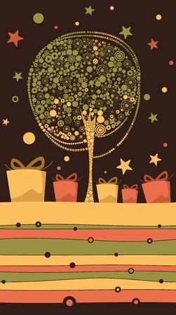 Greeting card with stylized tree and gifts on a dark backgroundのイラスト素材